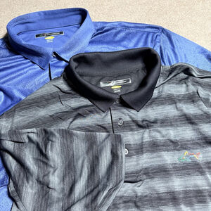 Lot of 2 Greg Norman Polo Shirts Mens 3XL Play Dry Shark Logo Geometric Stripe